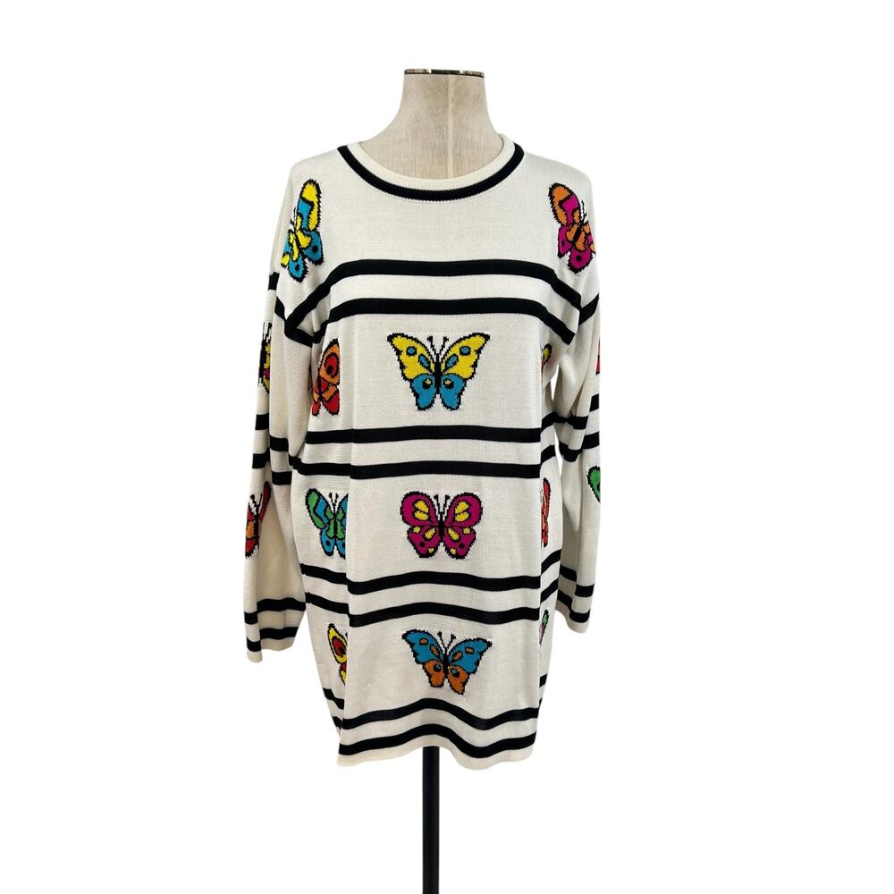 Escada Vintage Sweater Butterfly Stripe Print Cotton Cream Black Size 36 US 6